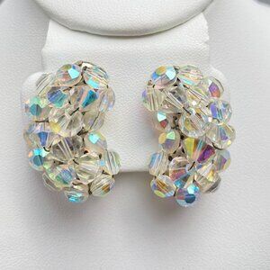 Vintage AB Crystal Cluster Clip Earrings Retro Kidney Shape